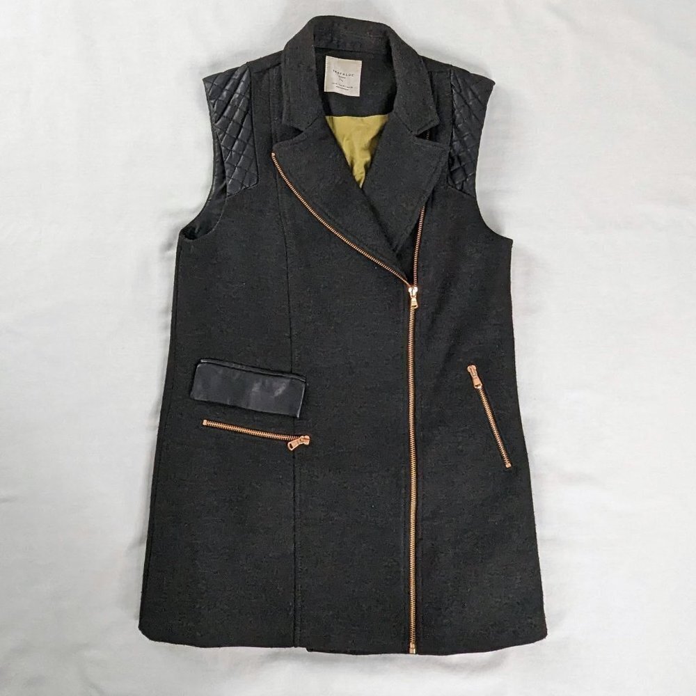 Zara Longline Wool Moto Zip Quilted Faux Leather Shoulder Long Vest Jacket